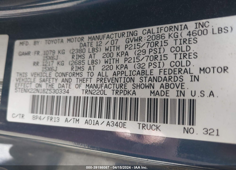 2008 TOYOTA TACOMA VIN: 5TENX22N18Z530334