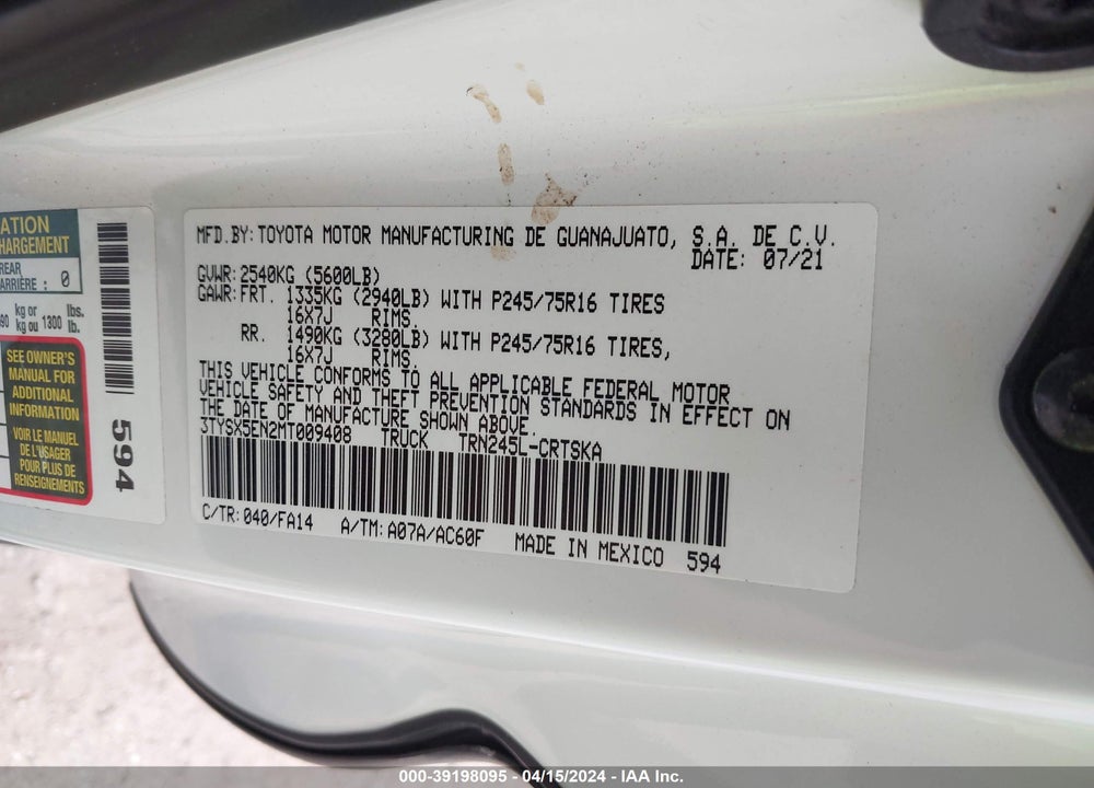 2021 TOYOTA TACOMA SR VIN: 3TYSX5EN2MT009408
