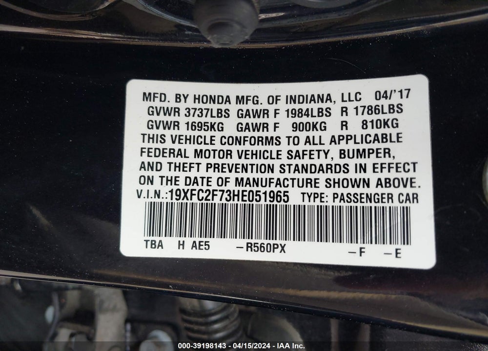 2017 HONDA CIVIC EX VIN: 19XFC2F73HE051965
