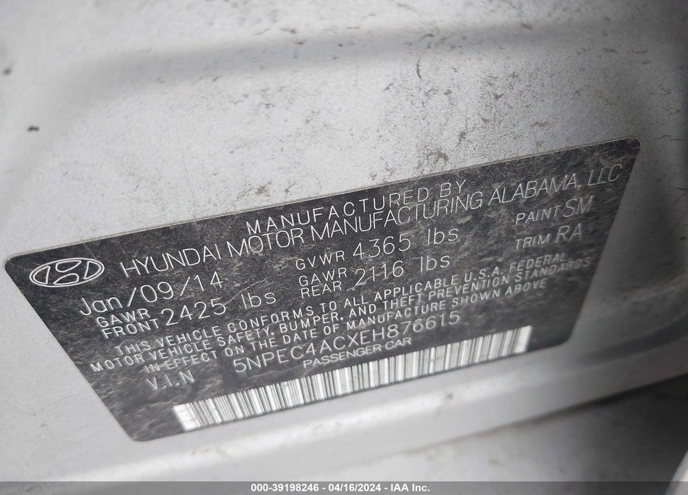 2014 HYUNDAI SONATA SE VIN: 5NPEC4ACXEH876615