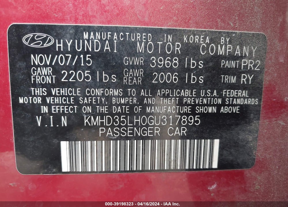 2016 HYUNDAI ELANTRA GT VIN: KMHD35LH0GU317895