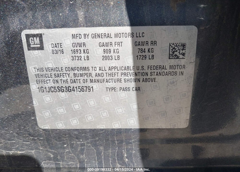 2016 CHEVROLET SONIC LT AUTO VIN: 1G1JC5SG3G4156791