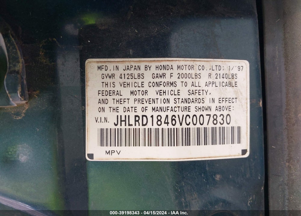 1997 HONDA CR-V BASE (A4) VIN: JHLRD1846VC007830
