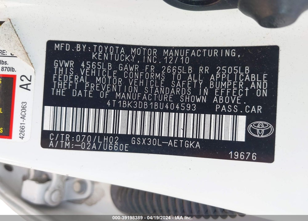 2011 TOYOTA AVALON VIN: 4T1BK3DB1BU404593