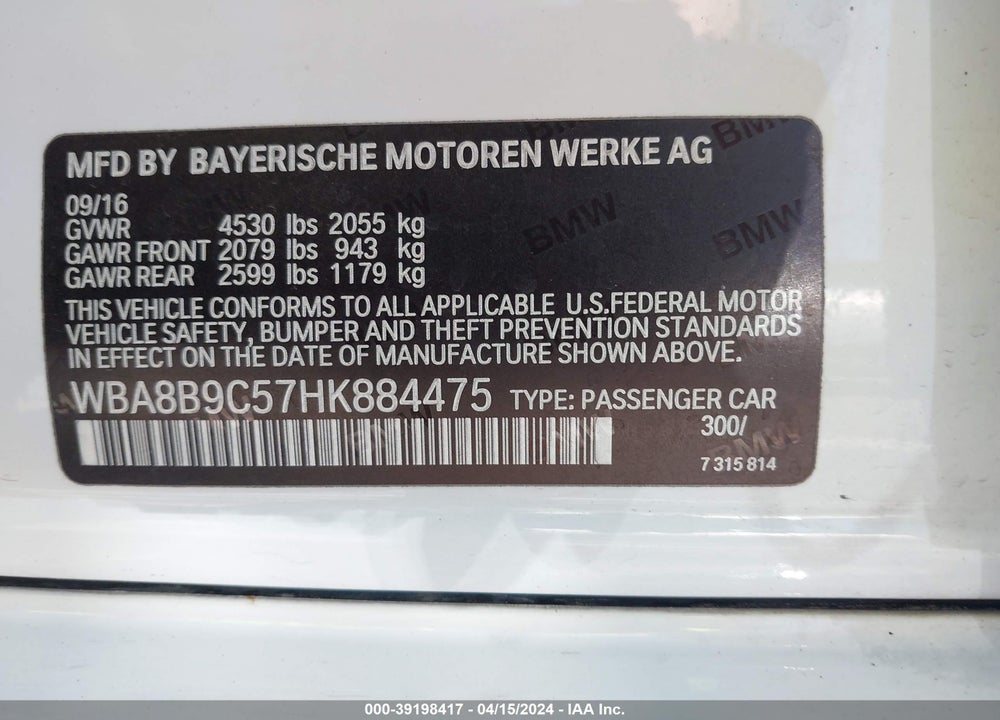 2017 BMW 330I VIN: WBA8B9C57HK884475