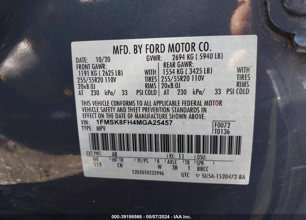 2021 FORD EXPLORER LIMITED VIN: 1FMSK8FH4MGA25457