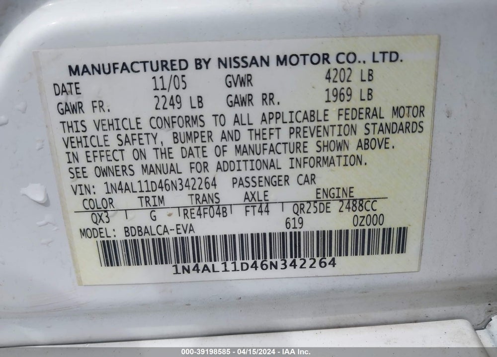 2006 NISSAN ALTIMA 2.5 S VIN: 1N4AL11D46N342264