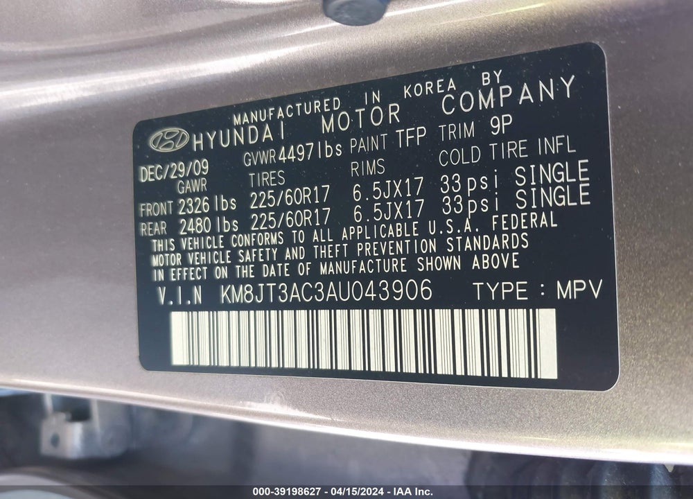 2010 HYUNDAI TUCSON GLS VIN: KM8JT3AC3AU043906