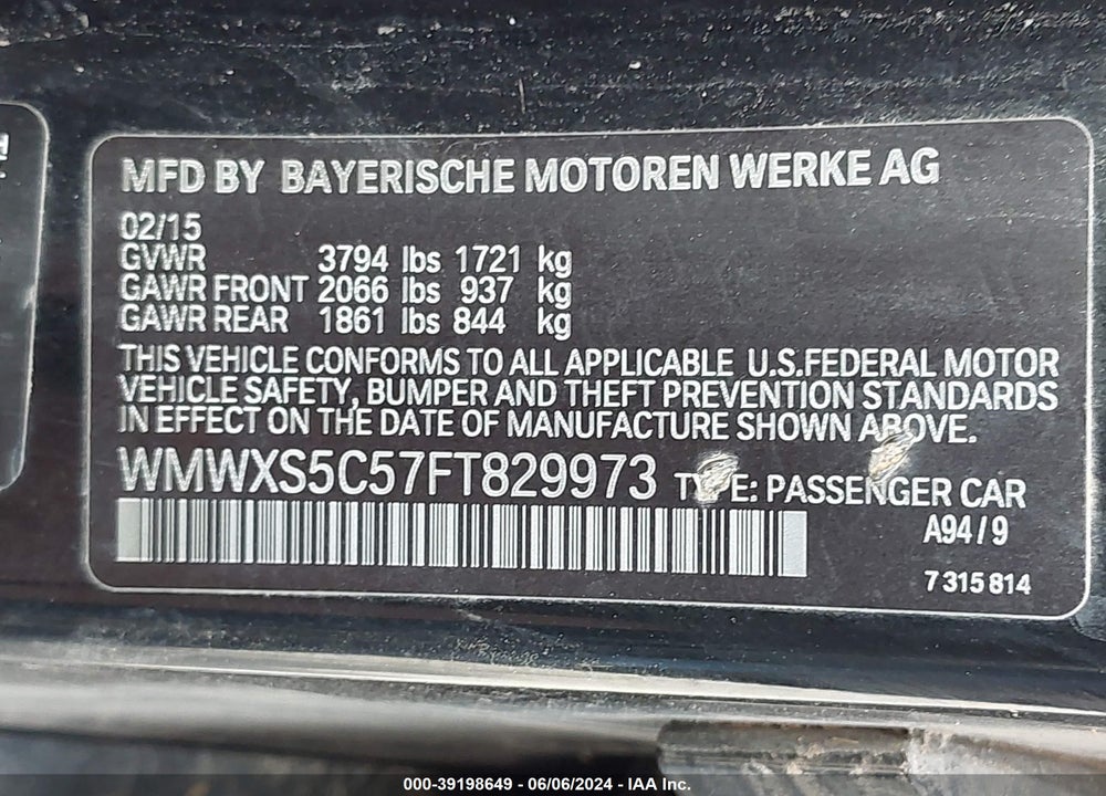 2015 MINI HARDTOP COOPER VIN: WMWXS5C57FT829973