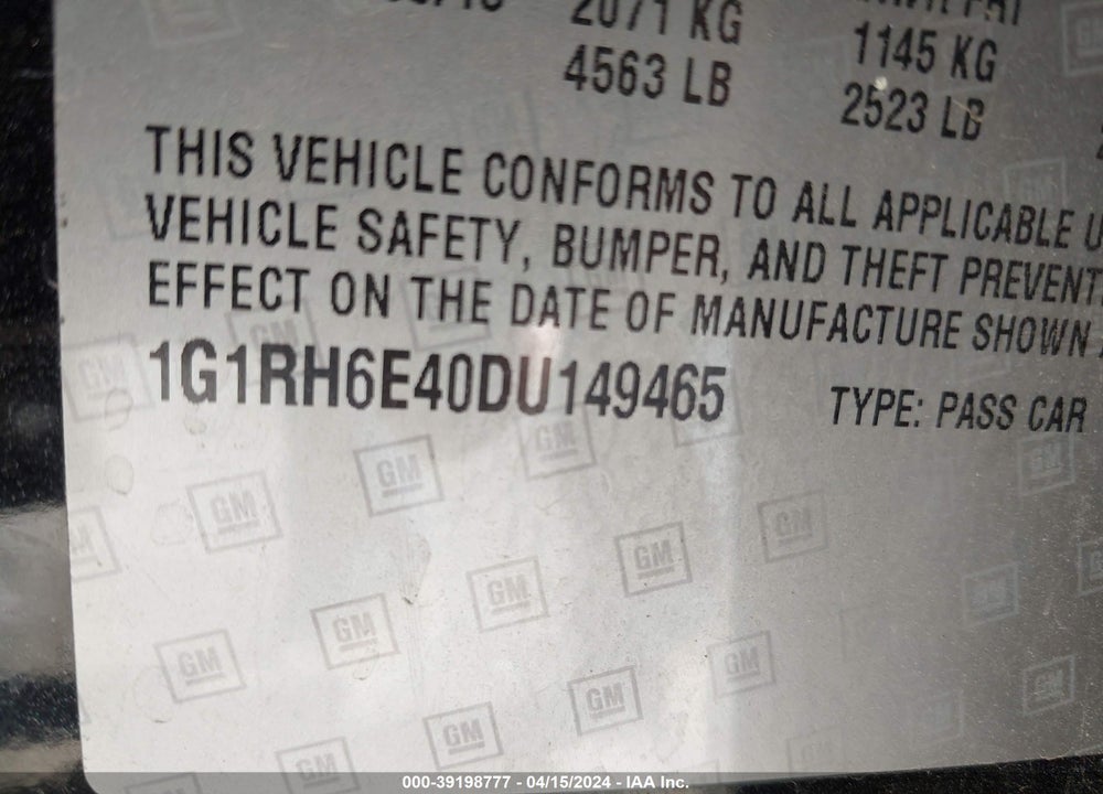 2013 CHEVROLET VOLT VIN: 1G1RH6E40DU149465