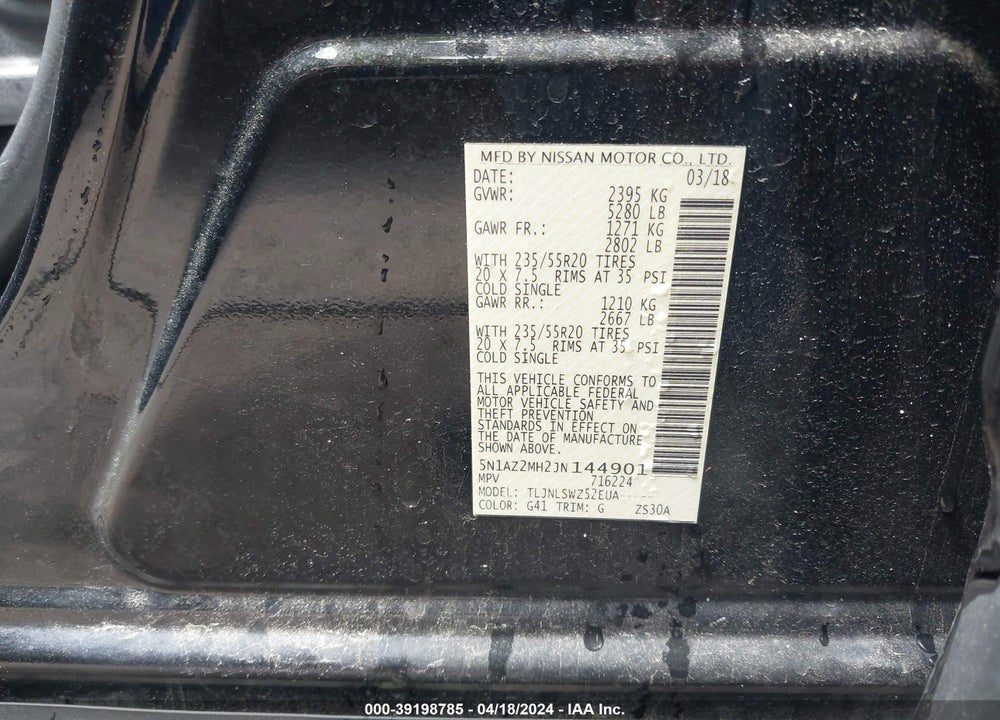 2018 NISSAN MURANO PLATINUM VIN: 5N1AZ2MH2JN144901