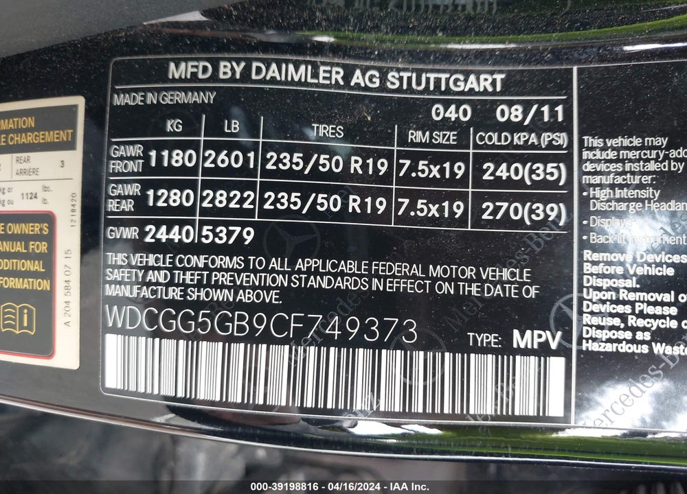 2012 MERCEDES-BENZ GLK 350 VIN: WDCGG5GB9CF749373