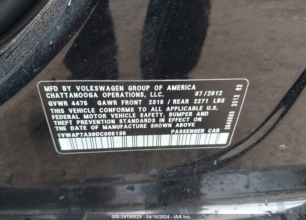 2013 VOLKSWAGEN PASSAT 2.5L S VIN: 1VWAP7A39DC005135