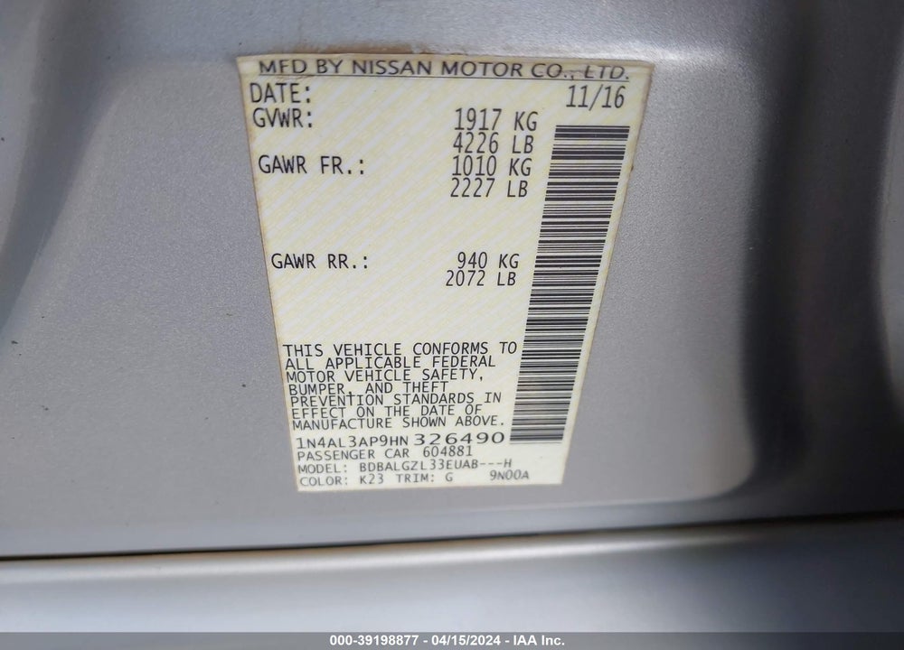 2017 NISSAN ALTIMA 2.5 S VIN: 1N4AL3AP9HN326490