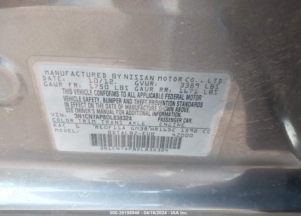 2013 NISSAN VERSA 1.6 SV VIN: 3N1CN7AP8DL838324