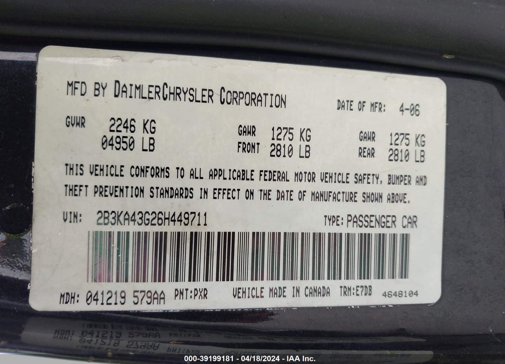 2006 DODGE CHARGER VIN: 2B3KA43G26H449711