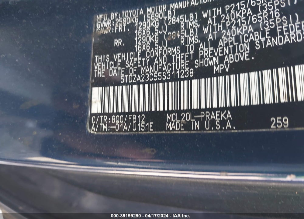 2005 TOYOTA SIENNA LE VIN: 5TDZA23C55S311238