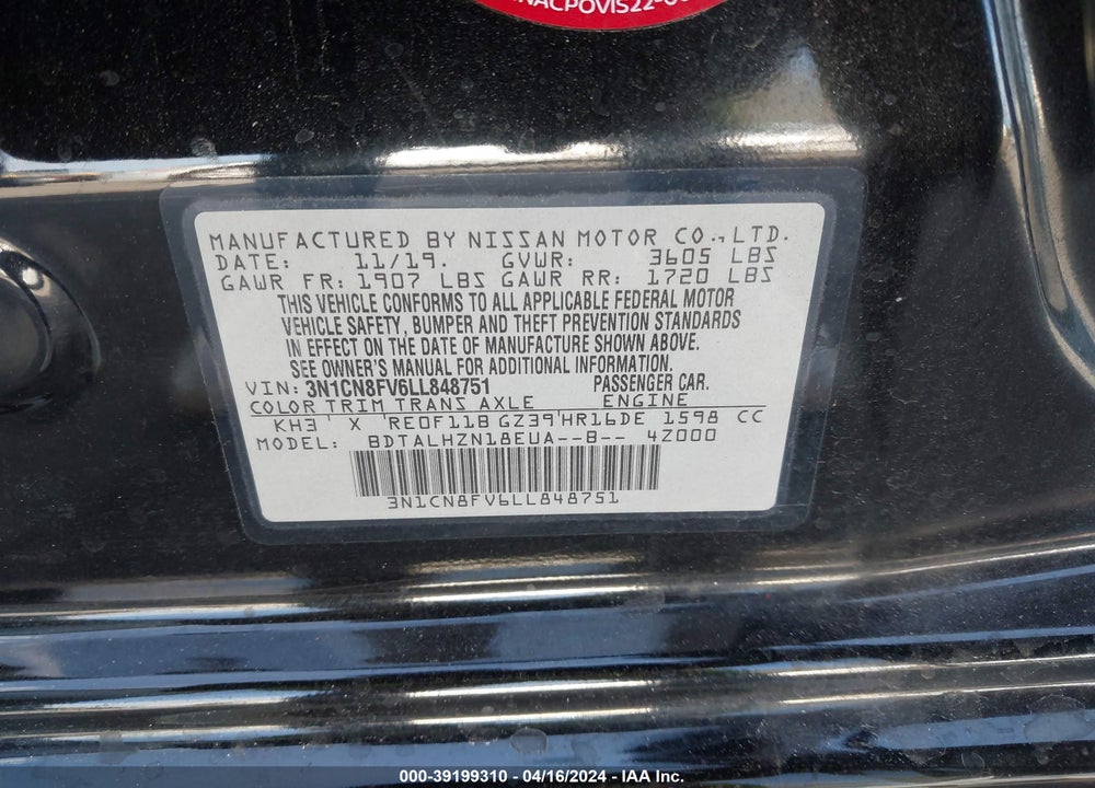 2020 NISSAN VERSA SR XTRONIC CVT VIN: 3N1CN8FV6LL848751