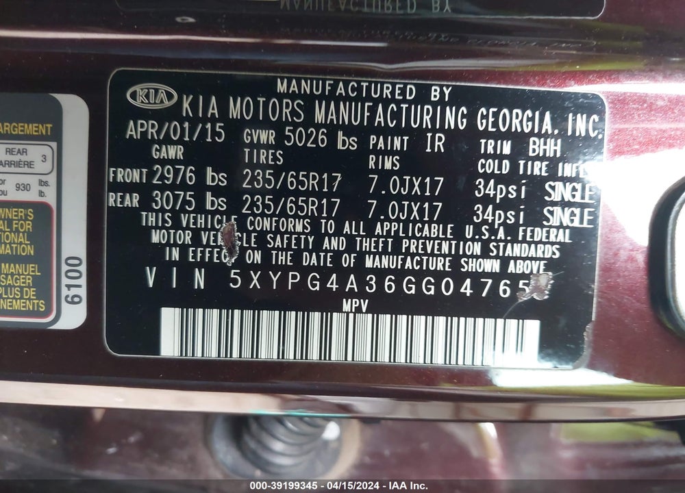 2016 KIA SORENTO 2.4L LX VIN: 5XYPG4A36GG047659