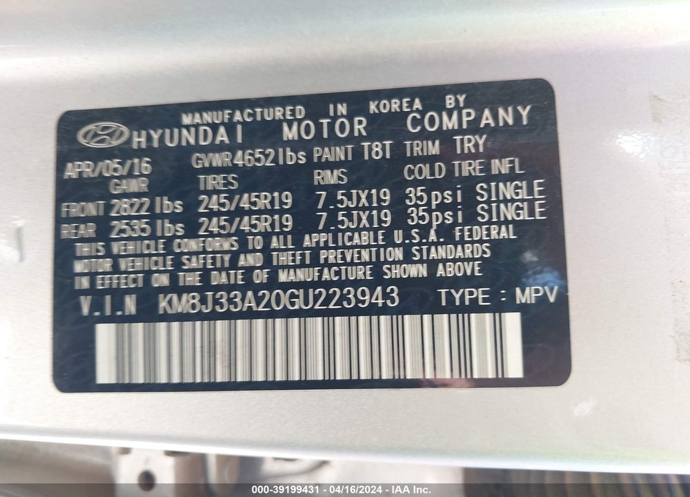 2016 HYUNDAI TUCSON LIMITED VIN: KM8J33A20GU223943