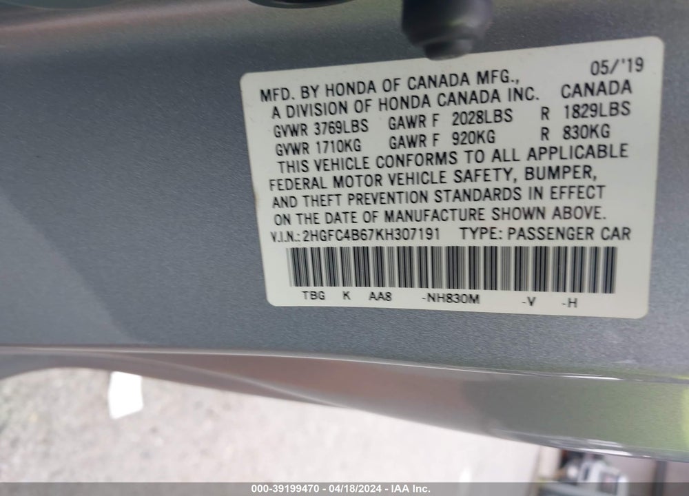 2019 HONDA CIVIC LX VIN: 2HGFC4B67KH307191