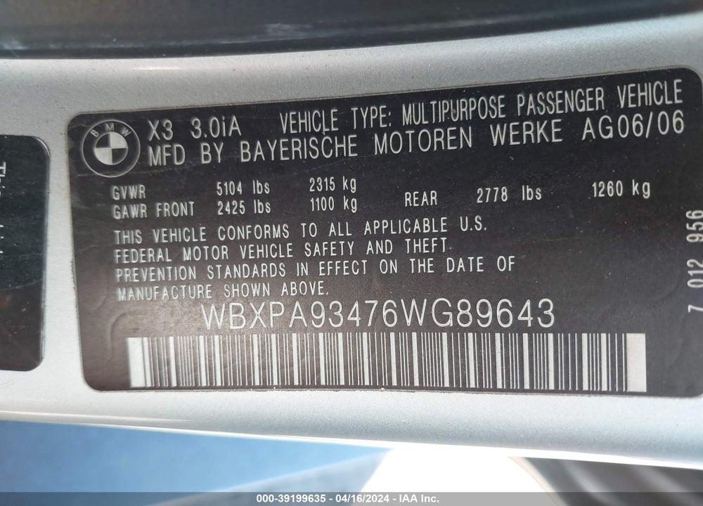 2006 BMW X3 3.0I VIN: WBXPA93476WG89643