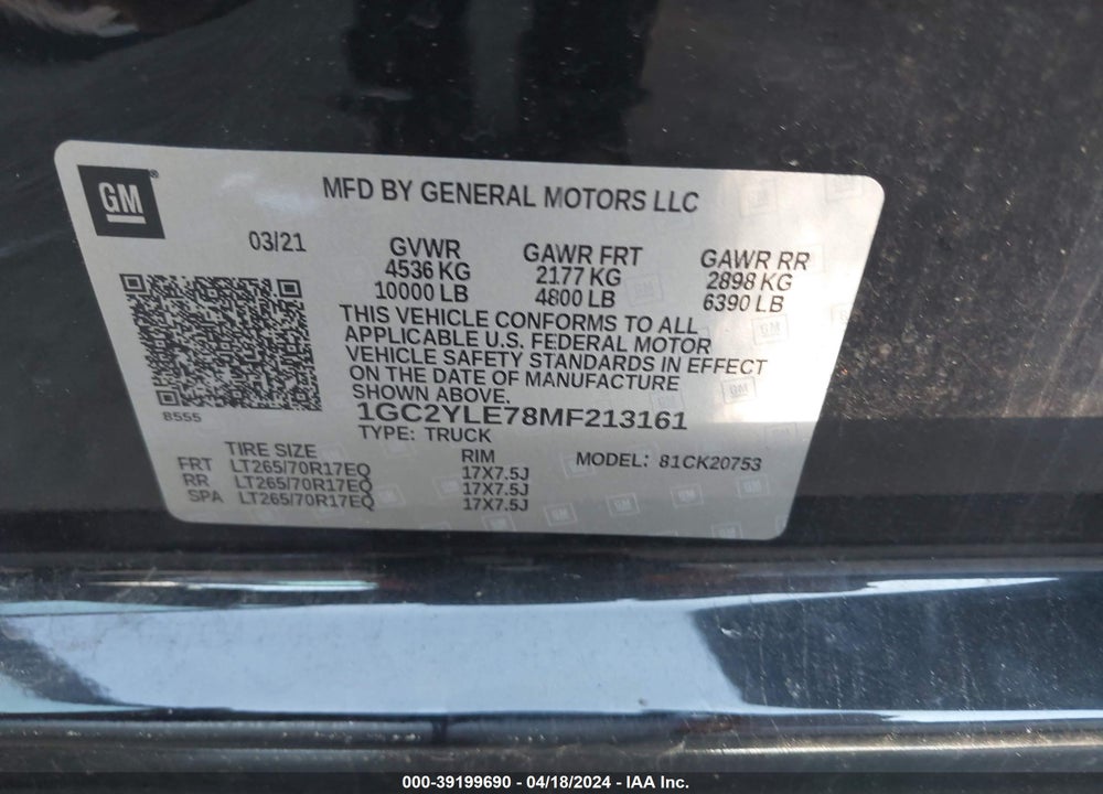 2021 CHEVROLET SILVERADO 2500HD 4WD DOUBLE CAB STANDARD BED WT VIN: 1GC2YLE78MF213161