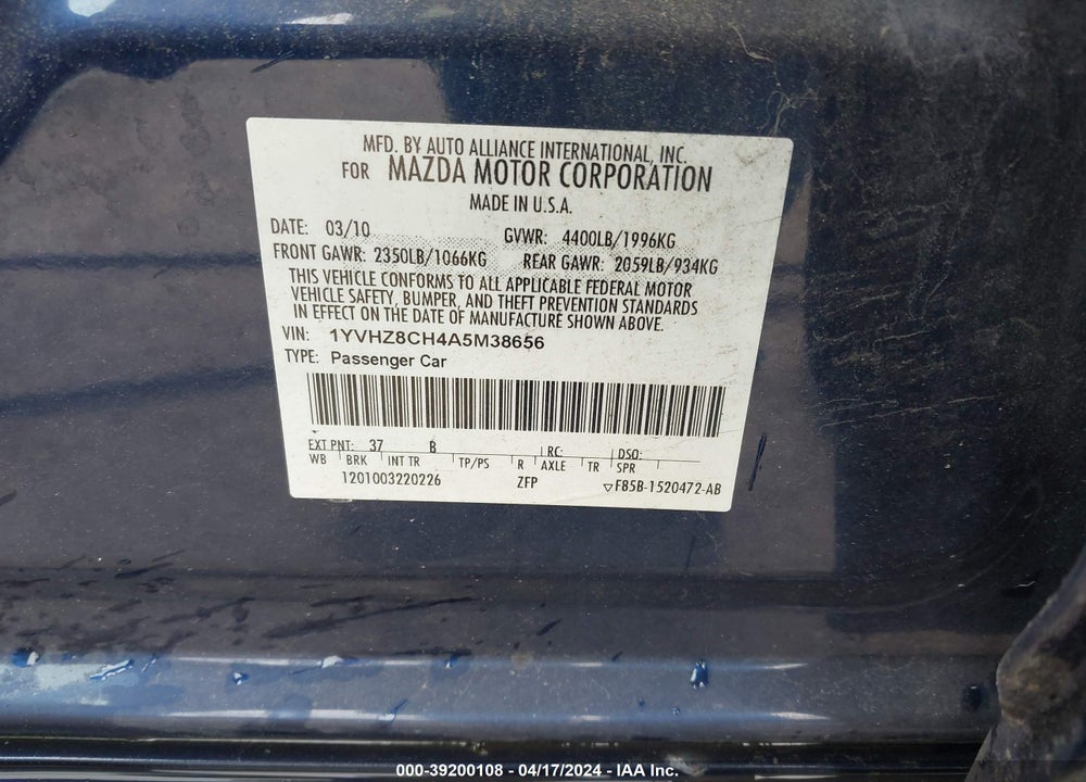 2010 MAZDA 6 I GRAND TOURING VIN: 1YVHZ8CH4A5M38656