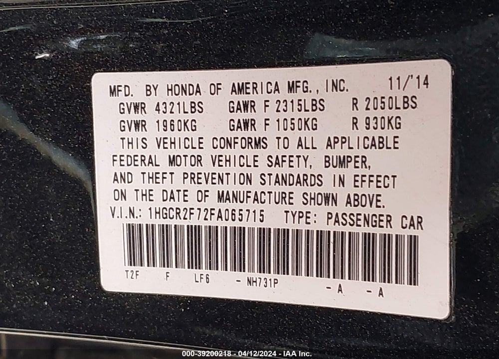 2015 HONDA ACCORD EX VIN: 1HGCR2F72FA065715