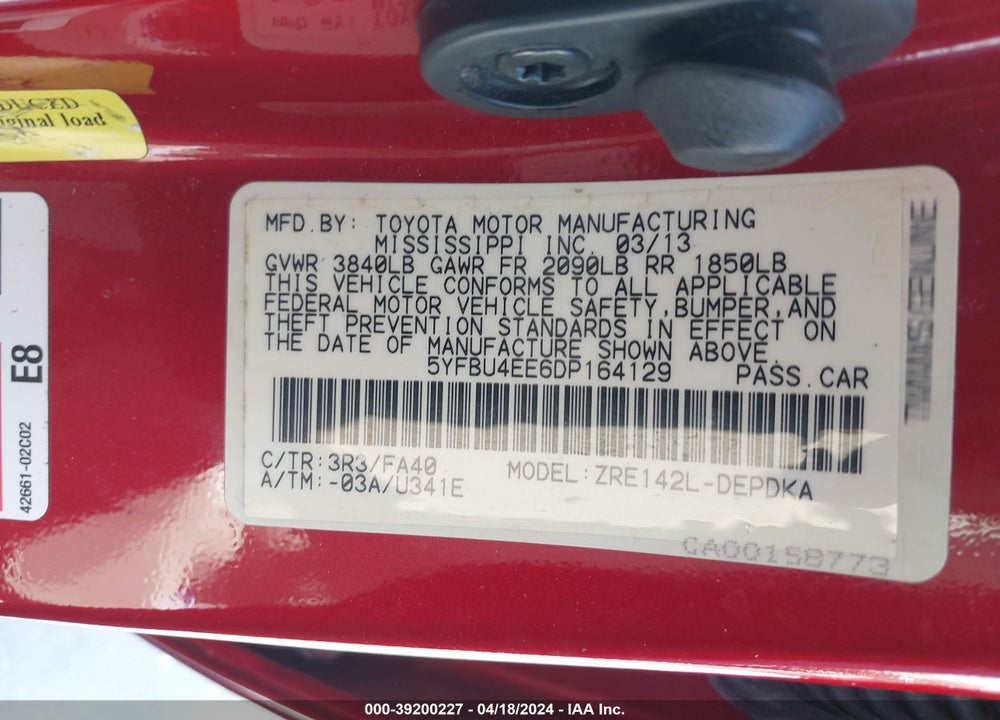 2013 TOYOTA COROLLA L VIN: 5YFBU4EE6DP164129