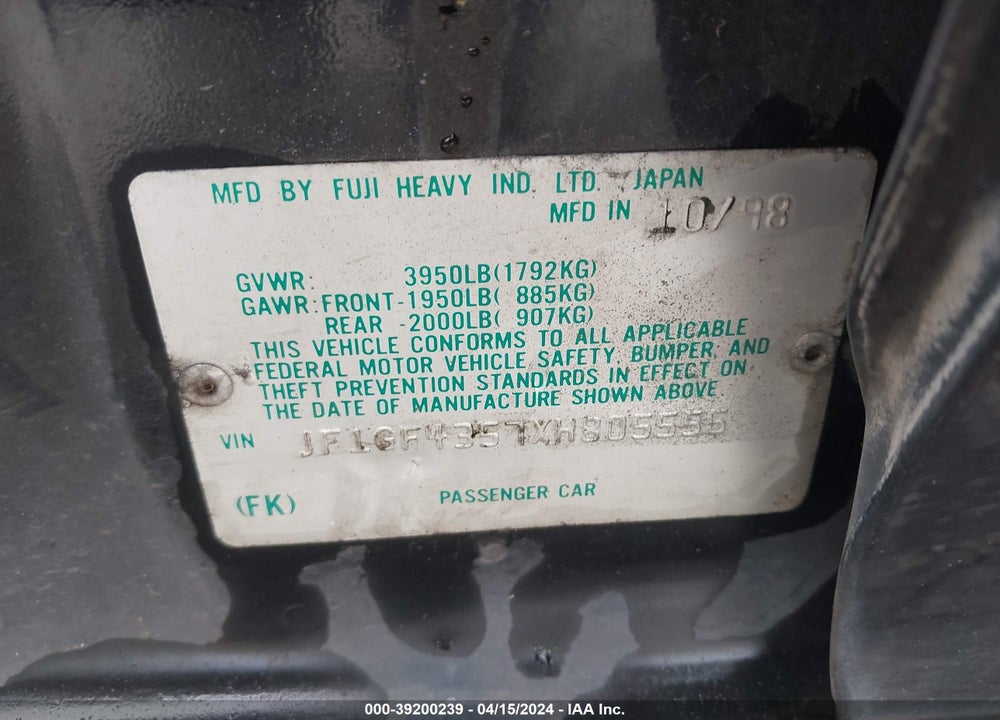 1999 SUBARU IMPREZA L VIN: JF1GF4357XH805555