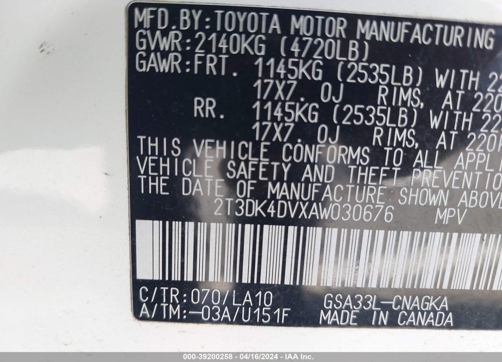 2010 TOYOTA RAV4 LIMITED V6 VIN: 2T3DK4DVXAW030676