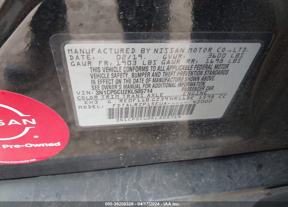 2019 NISSAN KICKS S VIN: 3N1CP5CU2KL505714