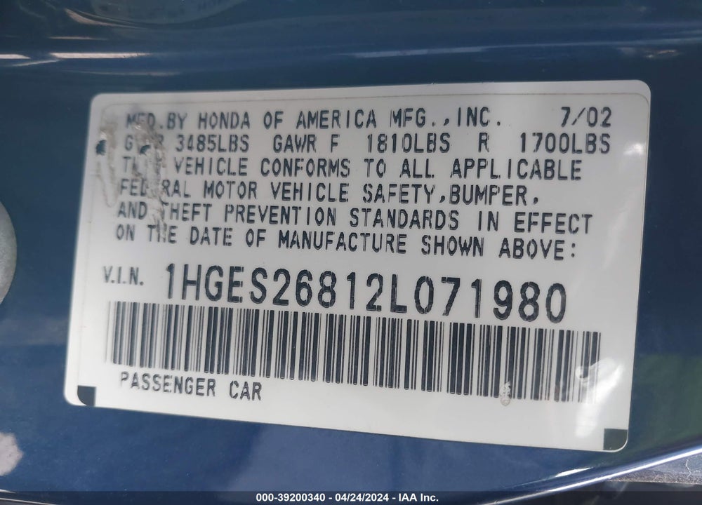 2002 HONDA CIVIC EX VIN: 1HGES26812L071980