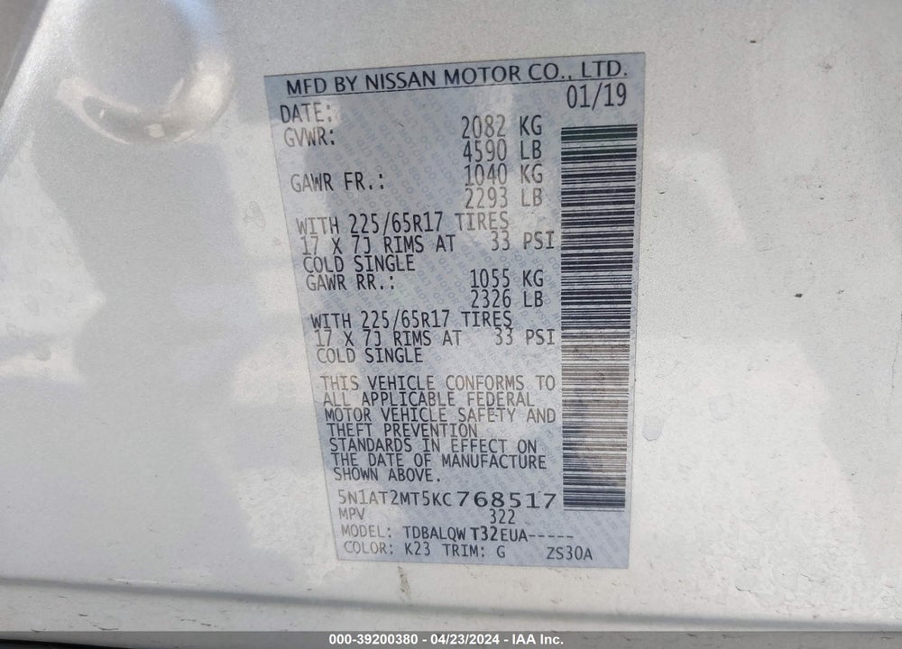 2019 NISSAN ROGUE SV VIN: 5N1AT2MT5KC768517