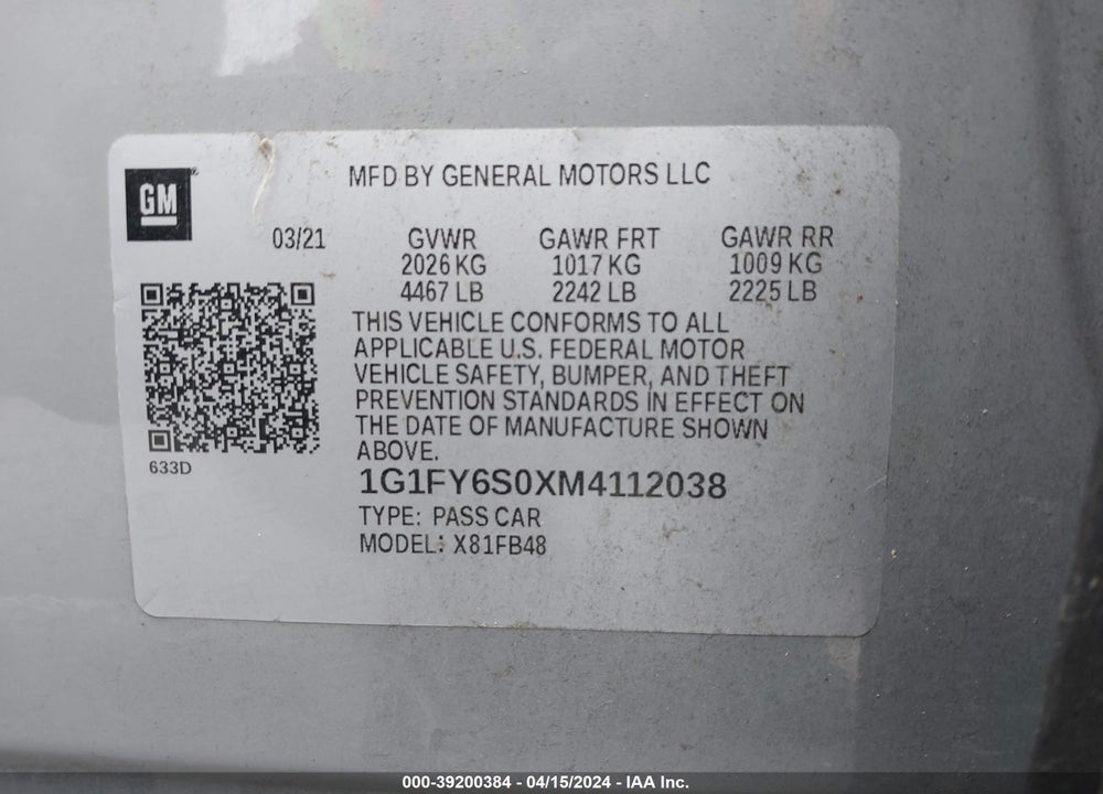 2021 CHEVROLET BOLT EV FWD LT VIN: 1G1FY6S0XM4112038