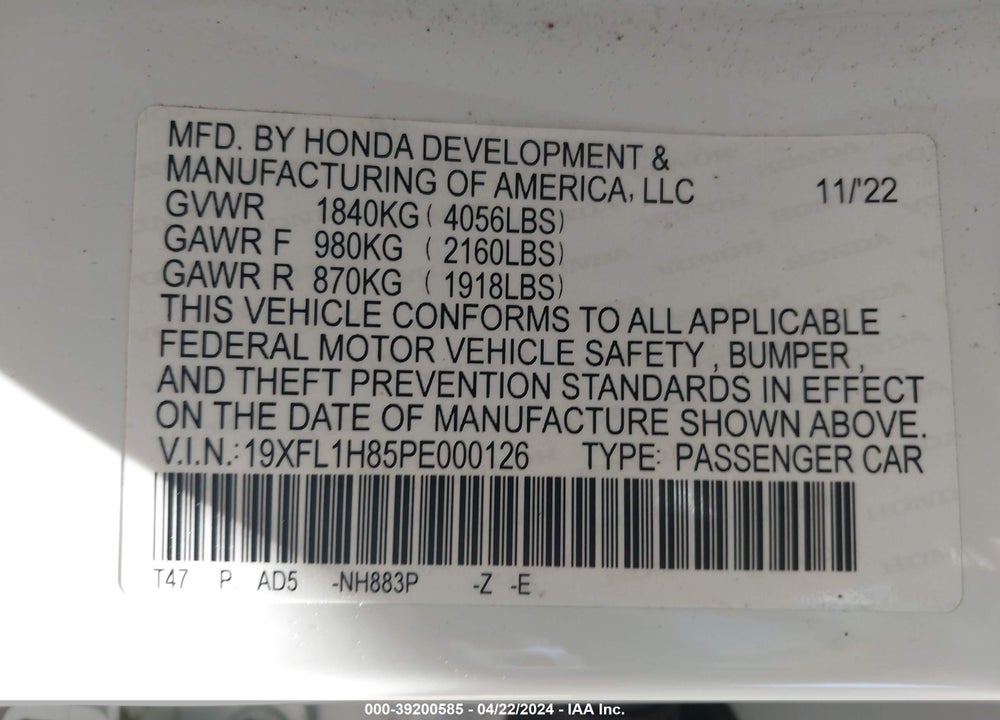2023 HONDA CIVIC SPORT TOURING VIN: 19XFL1H85PE000126