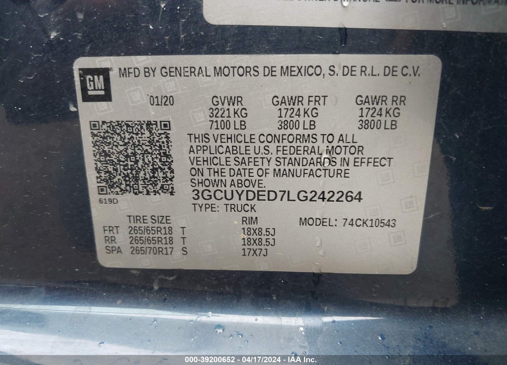 2020 CHEVROLET SILVERADO 1500 4WD SHORT BED LT VIN: 3GCUYDED7LG242264
