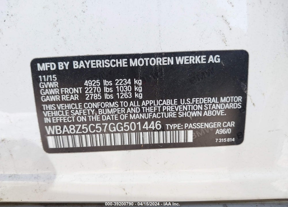 2016 BMW 328I GRAN TURISMO XDRIVE VIN: WBA8Z5C57GG501446