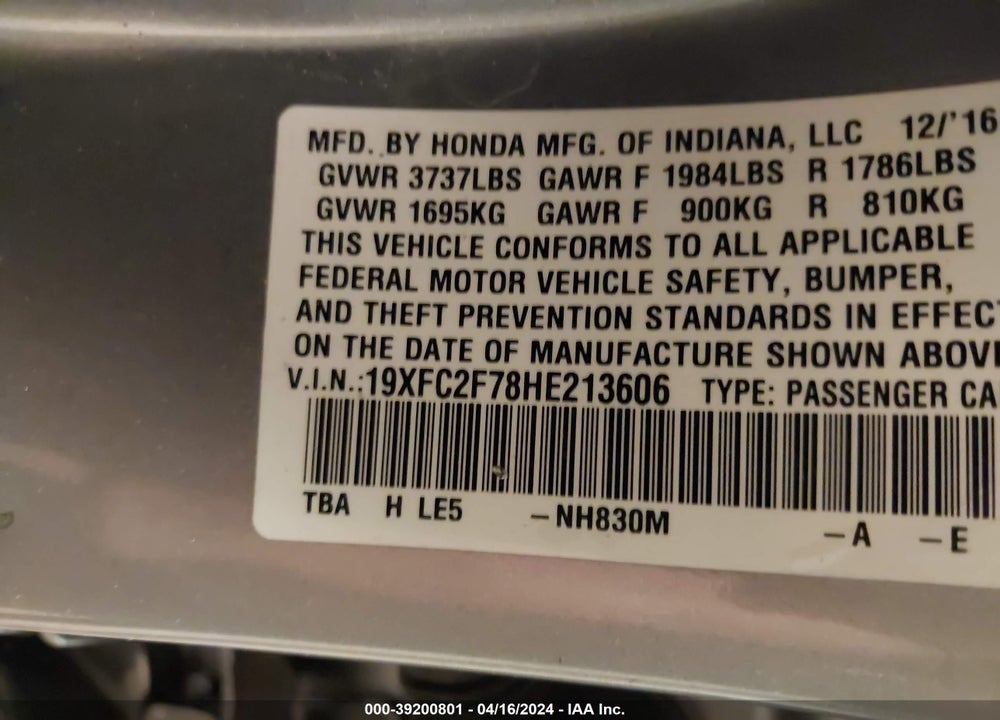 2017 HONDA CIVIC EX VIN: 19XFC2F78HE213606