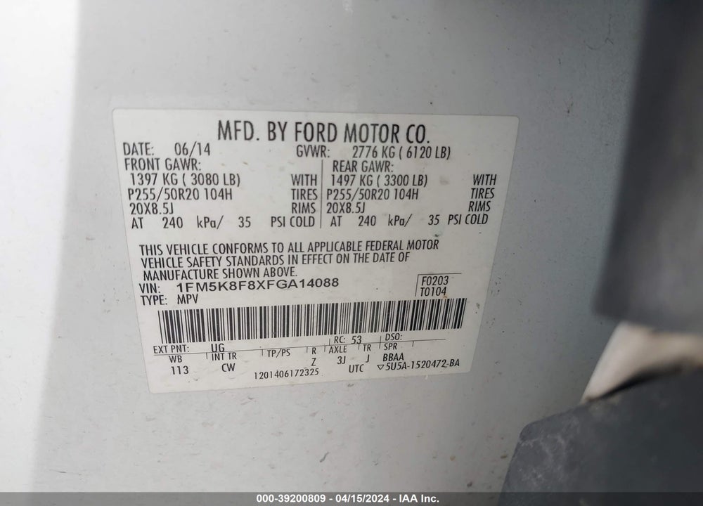 2015 FORD EXPLORER LIMITED VIN: 1FM5K8F8XFGA14088