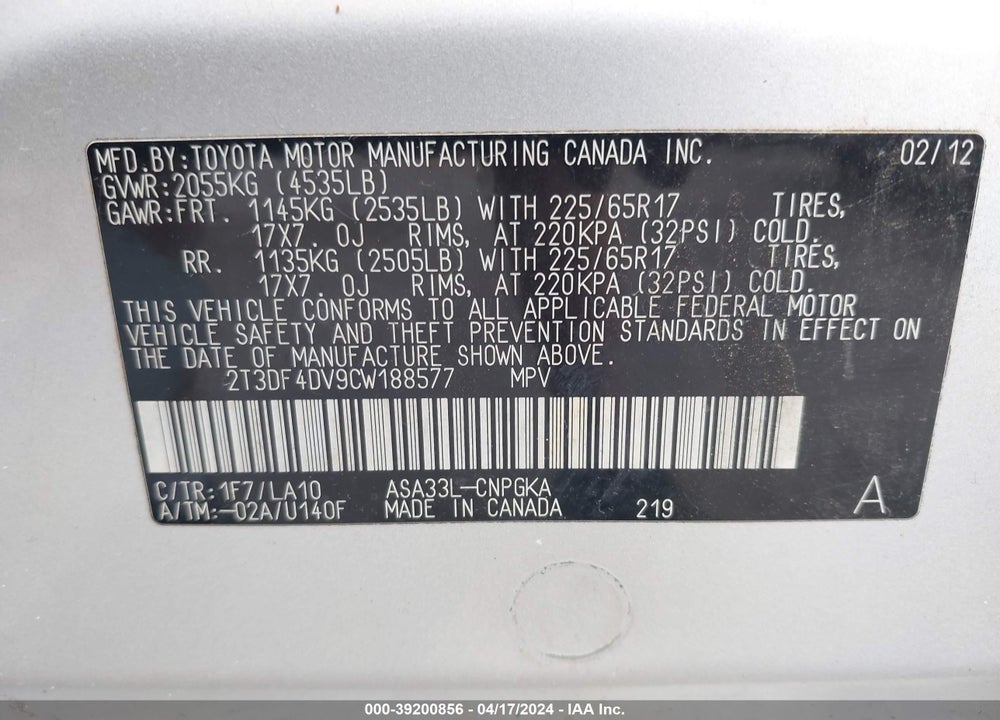 2012 TOYOTA RAV4 LIMITED VIN: 2T3DF4DV9CW188577