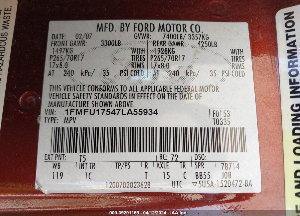 2007 FORD EXPEDITION EDDIE BAUER VIN: 1FMFU17547LA55934