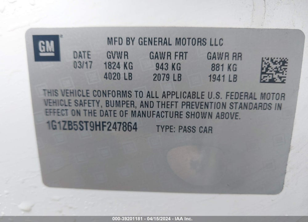 2017 CHEVROLET MALIBU LS VIN: 1G1ZB5ST9HF247864