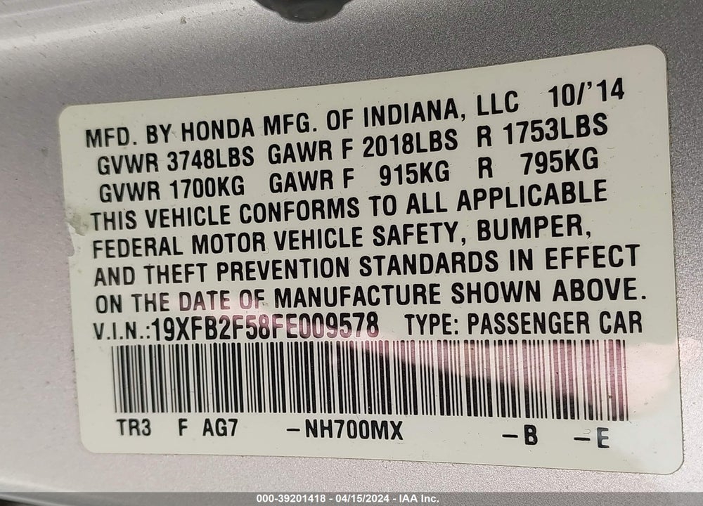 2015 HONDA CIVIC LX VIN: 19XFB2F58FE009578