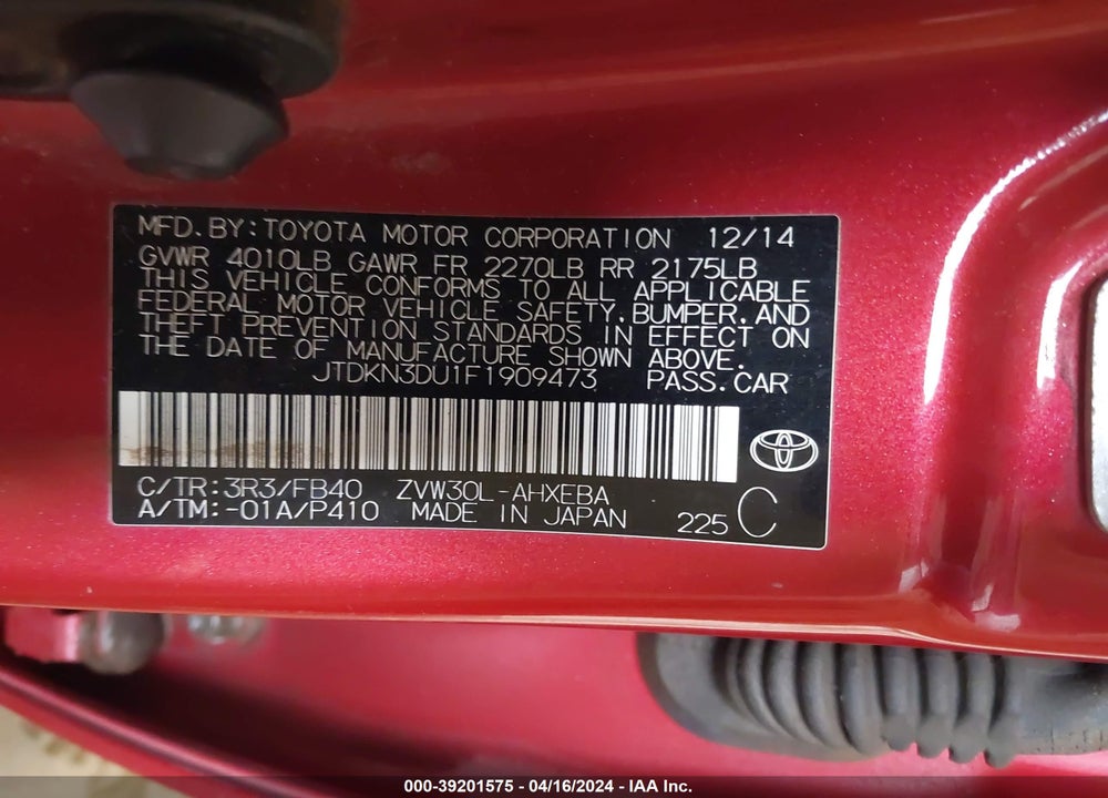 2015 TOYOTA PRIUS THREE VIN: JTDKN3DU1F1909473