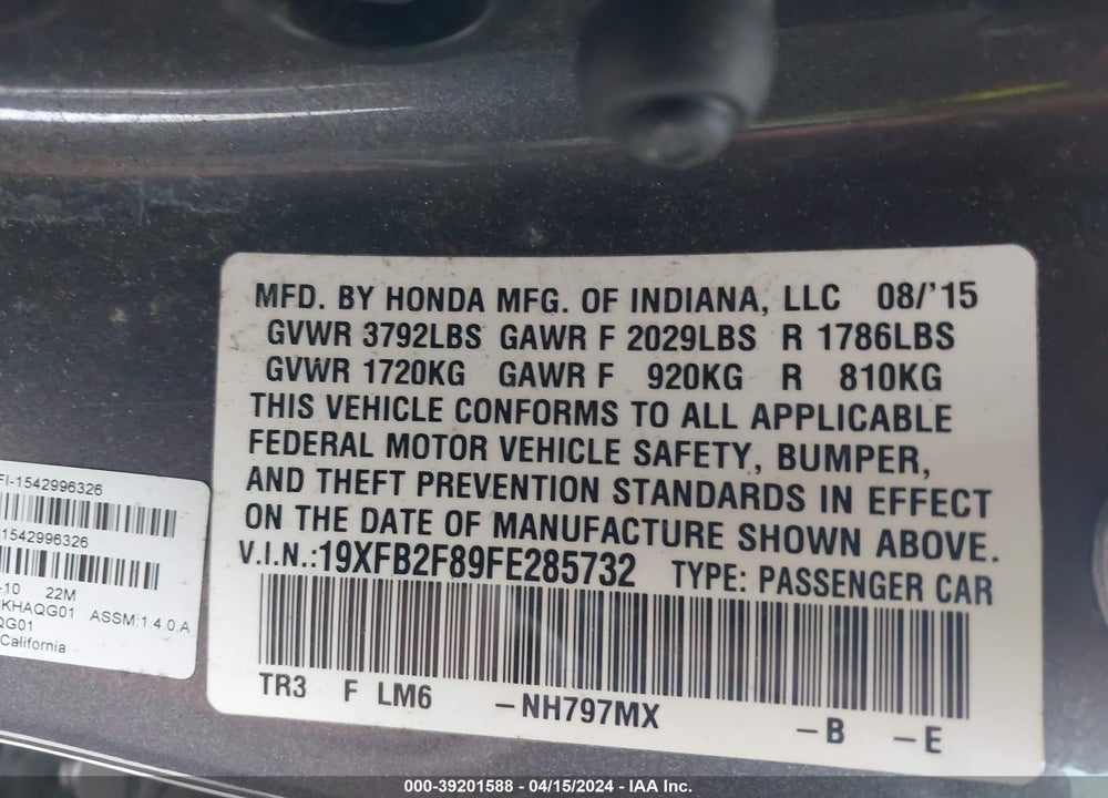 2015 HONDA CIVIC EX VIN: 19XFB2F89FE285732