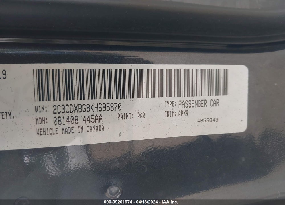 2019 DODGE CHARGER SXT RWD VIN: 2C3CDXBG8KH695870