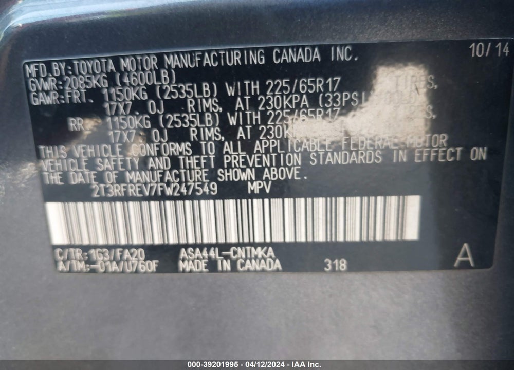 2015 TOYOTA RAV4 XLE VIN: 2T3RFREV7FW247549