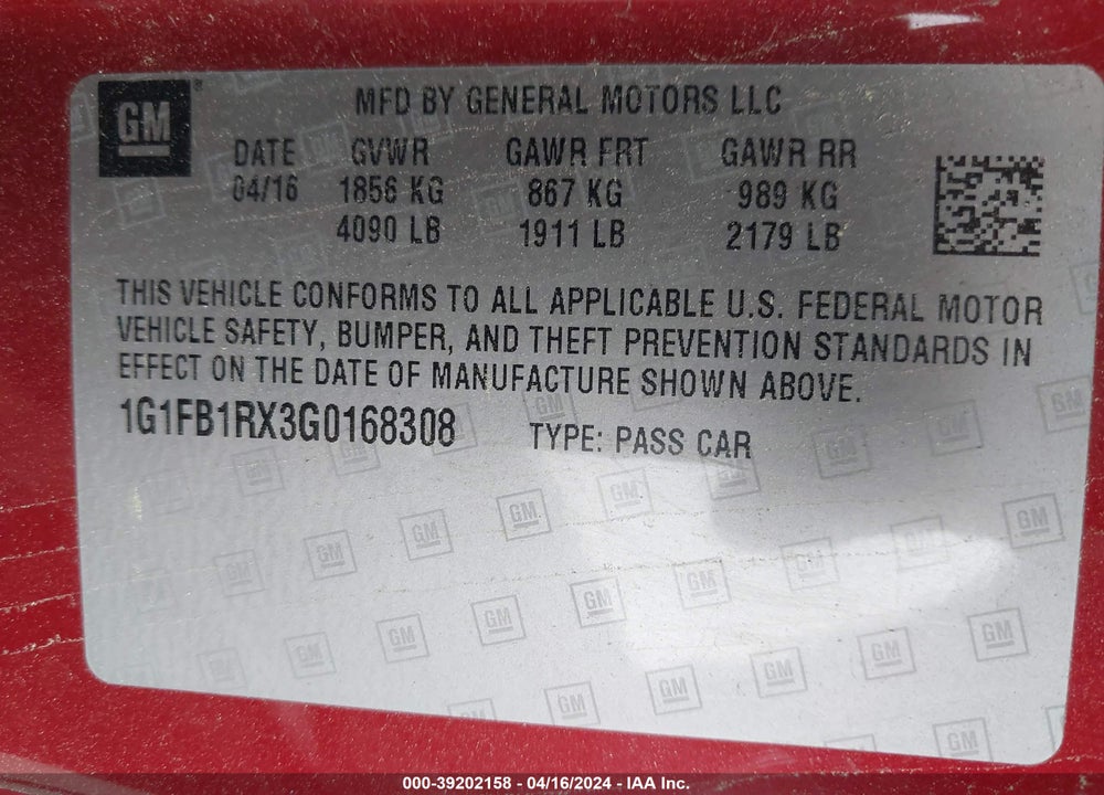 2016 CHEVROLET CAMARO 1LT VIN: 1G1FB1RX3G0168308